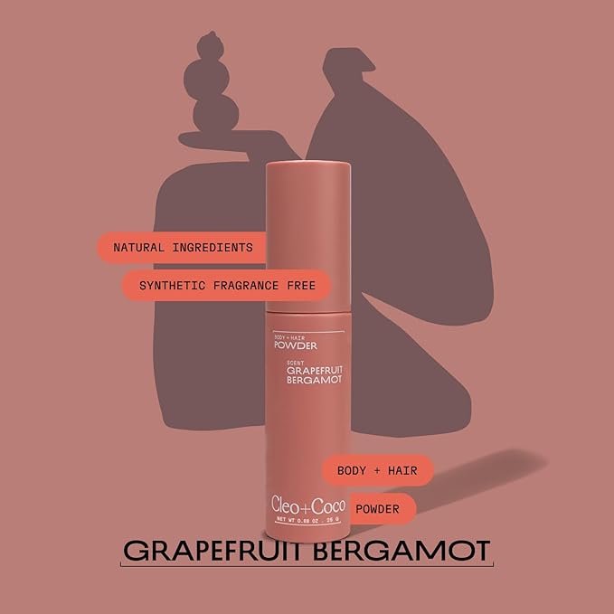 Cleo + Coco. Deodorant Powder for Body and Hair, Grapefruit Bergamot (0.88 oz), 2-in-1 Deo Powder & Dry Shampoo for Women & Men, Aluminum Free Deodorant, Talc-Free, Anti Chafe Protector, Travel-Size