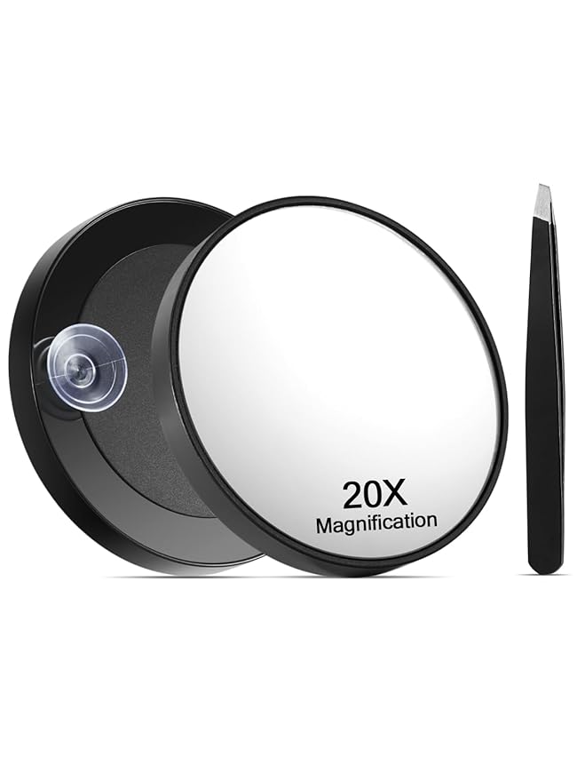 20X Magnifying Mirror with 2 Suction Cups, 3.5 inches Magnified Makeup Mirror and Slant Tweezers,Black,1PC