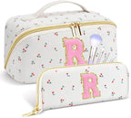 Personalized Travel Makeup Bag Set, Initial Cute Cherry Makeup Organizer Bag, Toiletry Skincare Cosmetic Bag, Valentine’s Day Gifts for Women/Girls, Open Flat Toiletry Pouch with Brush Pocket