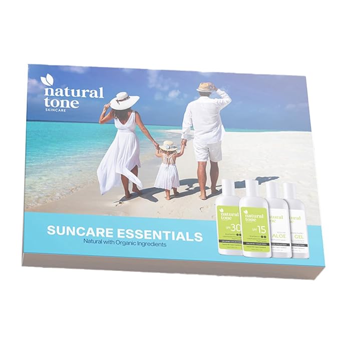 Natural Tone Organic Skincare Suncare Essentials Travel Pack in 59ml Bottles | SPF 30 & 15 Sunscreen, Rosehip Aloe Lotion, Recovery Gel | TSA-Friendly, Reef-Safe, Vegan