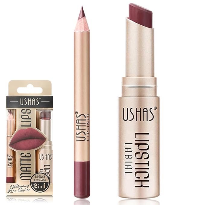 USHAS 2 in 1 Waterproof Lipstick and Lip Liner Combo Set - Long Lasting Matte Lipstick Pen with Lip Liner Set Makeup Kit (G1, Pack of 1)