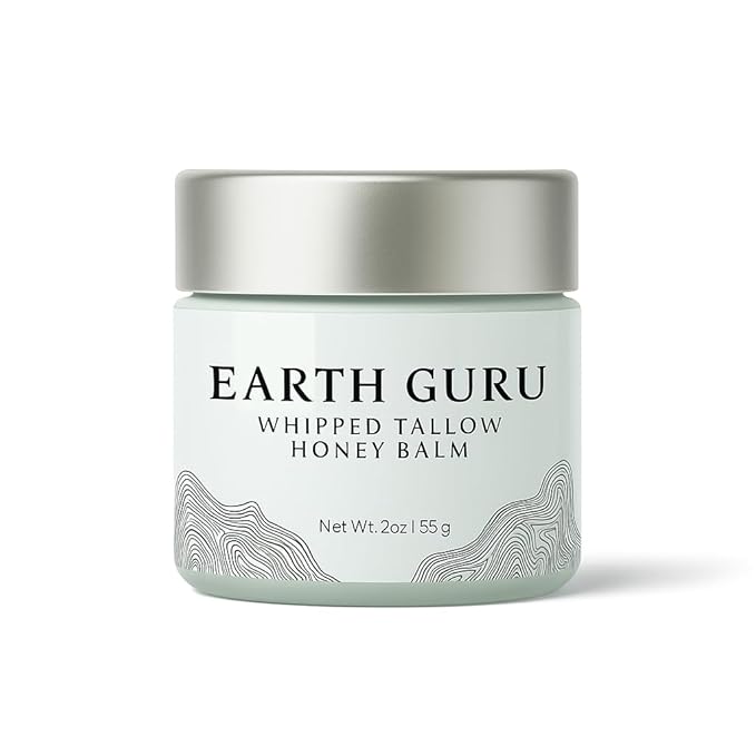 Earth Guru Whipped Beef Tallow for Skin 2oz, 100% Natural Beef Tallow and Honey Balm, Face Moisturizer & Body Lotion Cream, Grass-Fed & Finished, Sebo De Res Para La Cara, Organic Olive Oil, Manuka
