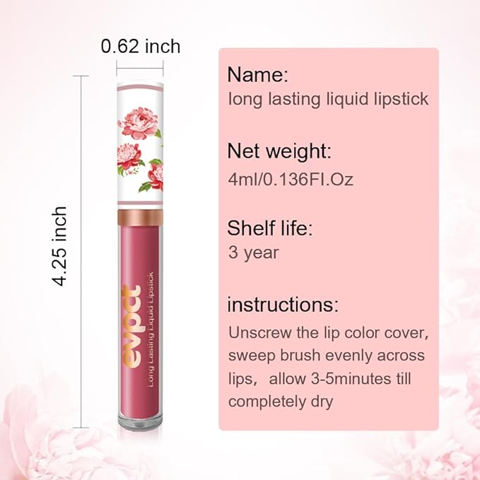 evpct 1Pcs Wine Red Matte Liquid Lipstick Lip Stain Sets for Women, Peony Flower Mauve Red Matte+Lipstick Long Lasting Permanent 24 hr Hours Magic Lipstick 24 Hours original Waterproof, 05#