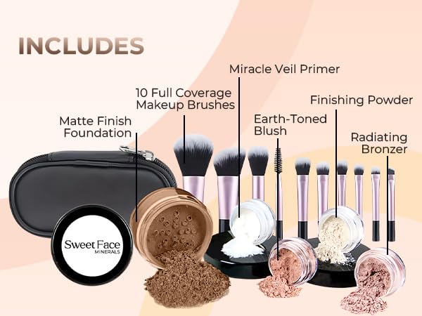 16pc Beginner Mineral Makeup STARTER KIT with 10 BRUSH SET (5gm)Sample Size Foundation, Primer, Blush, Bronzer, Setting Powder for Learning, Occasional Use & First Time Users, Travel Size Kit (Cocoa)
