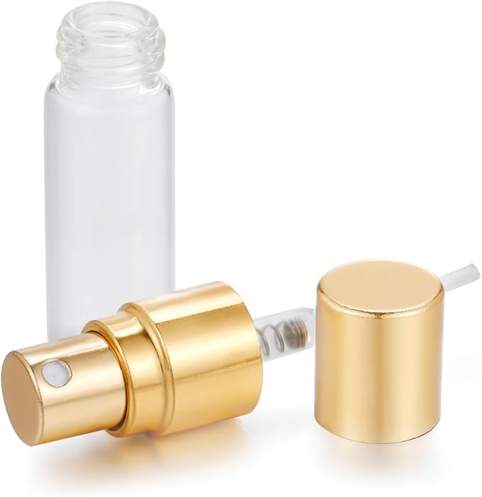 20Pcs 3ml Empty Clear Glass Mist Spray Bottle Refillable Mini Perfume Atomizer Travel Sample Bottle with Golden Aluminized Nozzle Makeup Container for Perfume (3ml Gold Caps)