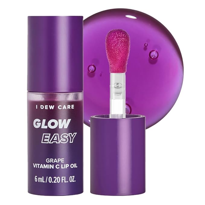 I DEW CARE Lip Gloss - Glow Easy Grape | Jojoba Seed Oil, Vitamin C, Pigmented Glossy Stain, Hydrating, Korean Makeup, Pink Color, Moisturizing, Nourishing Crystal, 0.20 FL Oz