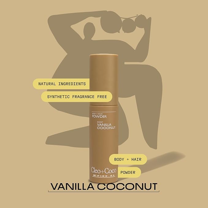 Cleo + Coco. Deodorant Powder for Body and Hair, Vanilla Coconut (0.88 oz), 2-in-1 Deo Powder & Dry Shampoo for Women & Men, Aluminum Free Deodorant, Talc-Free, Anti Chafe Protector, Travel-Size