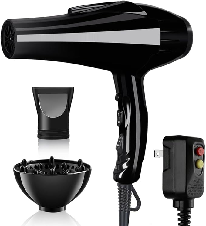 Hair Dryer, 3500 Watt Professional Salon Ionic Blow Dryer with AC Motor, 3 Heat Settings, 2 Speeds, Cool Shot Button, Tourmaline Ceramic, Concentrator & Diffuser Attachments, Black,110V