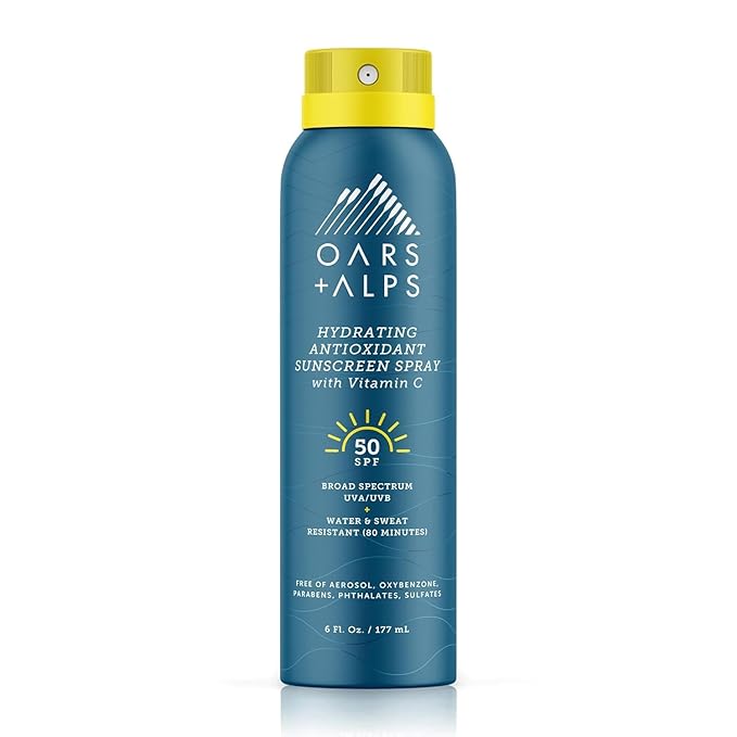 Oars + Alps Sunscreen Spray for Face & Body Spray Sunscreen Infused with Vitamin C & Antioxidants, No White Residue, Water & Sweat Resistant, All Skin Types, Lightweight, Hydrating, SPF 50, 6 Oz, 1pk