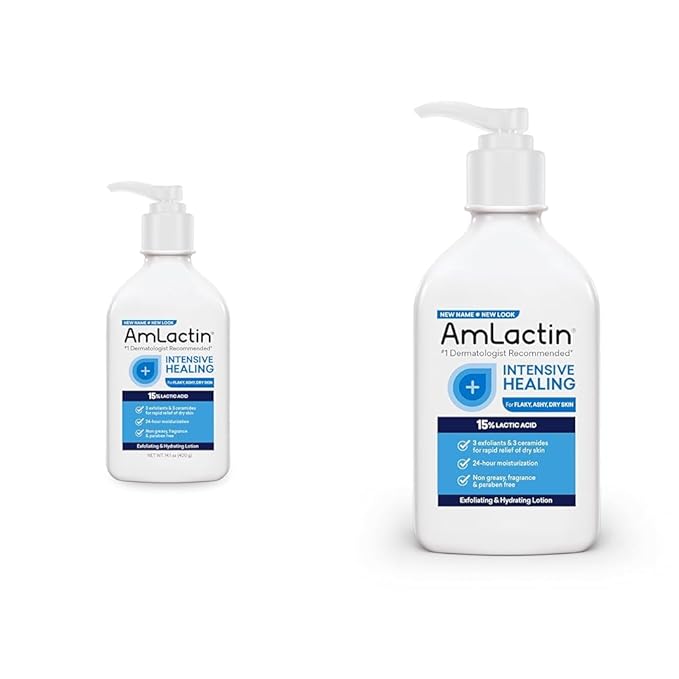 AmLactin Intensive Healing Body Lotion for Dry Skin - 14.1 oz and 7.9 oz Pump Bottles - 2-in-1 Exfoliator & Moisturizer with Ceramides & 15% Lactic Acid