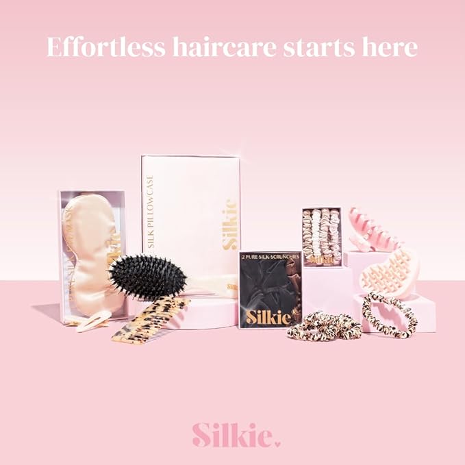 SILKIE x4 Set - Forget Satin - 100% Pure Mulberry Silk Black Brown Skinny Scrunchies Travel Pouch Everyday Hair Ties Elastics Hair Care Ponytail Holder No Damage (Chocolate)