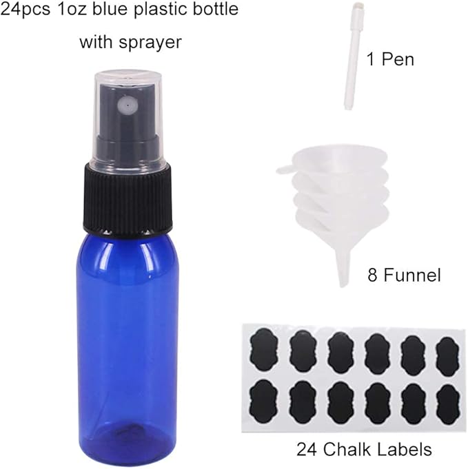 24 Pack 1 oz Plastic Spray Bottles, Fine Mist Mini Travel Size Sprayer Bottle, Refillable Liquid Containers for Perfume, Alcohol, Essential Oil, Aromatherapy