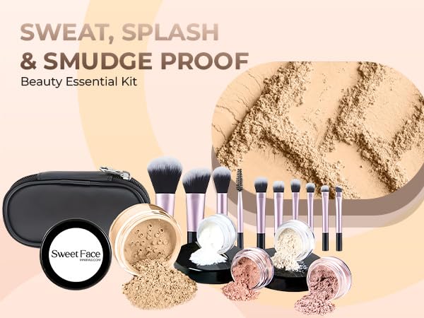 16pc Beginner Mineral Makeup STARTER KIT with 10 BRUSH SET (5gm) Sample Size Foundation, Primer, Blush, Bronzer, Setting Powder for Learning, Occasional Use & First Time Users, Travel Size Kit (Warm)