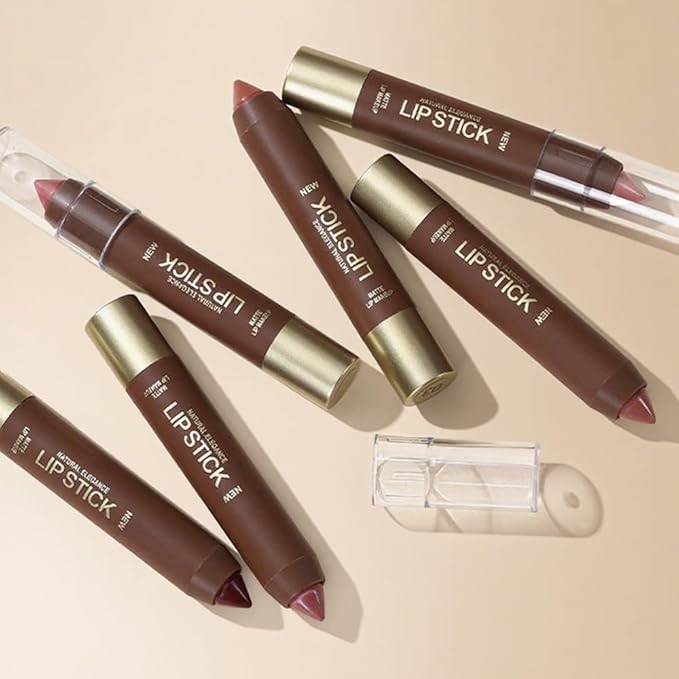 6Pcs Matte Lipstick Crayon Set for Women, 24 Hour Lipstick Lip Liner Pencil, Neutral Lip Stick Lipliner Long Lasting Waterproof Smudge Proof, Vegan & Cruelty-Free