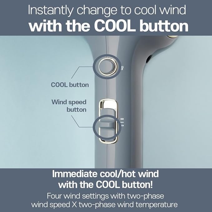 JMW Korean Professional Salon Hair Dryer AIR B with Diffuser & Dryer Stand 1600W - Light Weight, Powerful BLDC Motor, 100% Cool Wind Without Heat, Compact, Low Noise Blow Dryer for Home & Travel