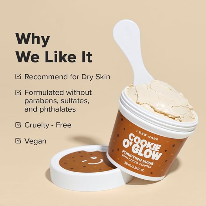 I DEW CARE Wash Off Face Mask - Cookie O' Glow | Hydrating and Purifying for Dry Skin with Cocoa Seed Butter, Korean Facial Mask Skin Care, Stocking Stuffers, Cute Stuff, 3.38 Oz