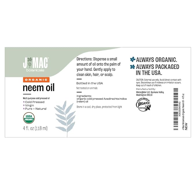 J Mac Botanicals Organic Neem Oil for Skin (4 oz Glass Bottle NO Dropper) - 100% Pure Concentrate Undiluted for Hair and Plants - Essential, Cold Pressed