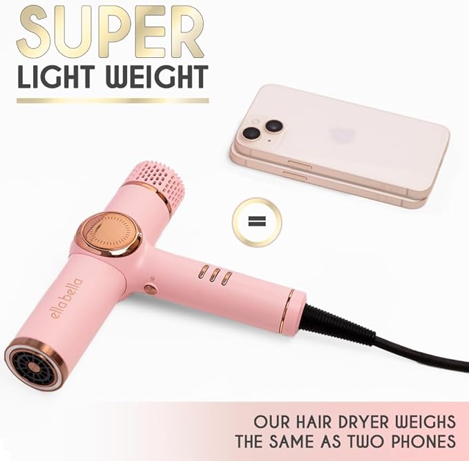 ELLA BELLA® Professional Ionic Hair Dryer with Diffuser • Negative Ion Blow Dryer • Suitable All Hair Types • Intelligent Heat Control & Rapid Drying Speeds • Lightweight Design • Low Noise Technology