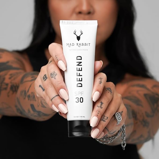 Defend Tattoo Sunscreen- SPF 30 100mL Tube- Mineral Sunscreen Lotion - Tattoo Fade Protection and Moisturizer, Anti-Aging Formula