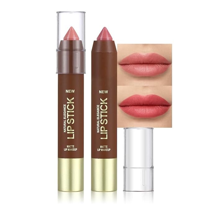 2Pcs Matte Lipstick Crayon Set for Women, Rose Pink Ruby Red 24 Hour Lipstick Lip Liner Pencil, Neutral Lip Stick Lipliner Long Lasting Waterproof Smudge Proof, Vegan & Cruelty-Free, 01+04