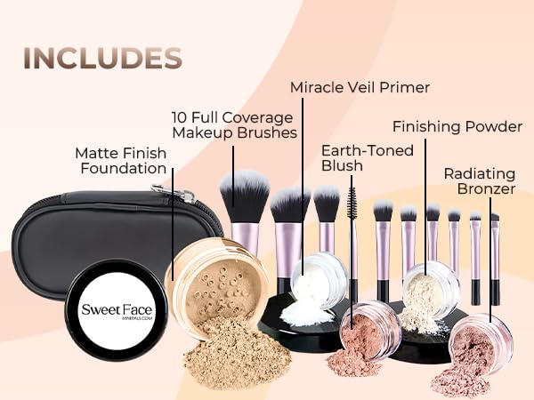 16pc Beginner Mineral Makeup STARTER KIT with 10 BRUSH SET (5gm) Sample Size Foundation, Primer, Blush, Bronzer, Setting Powder for Learning, Occasional Use & First Time Users, Travel Size Kit (Warm)