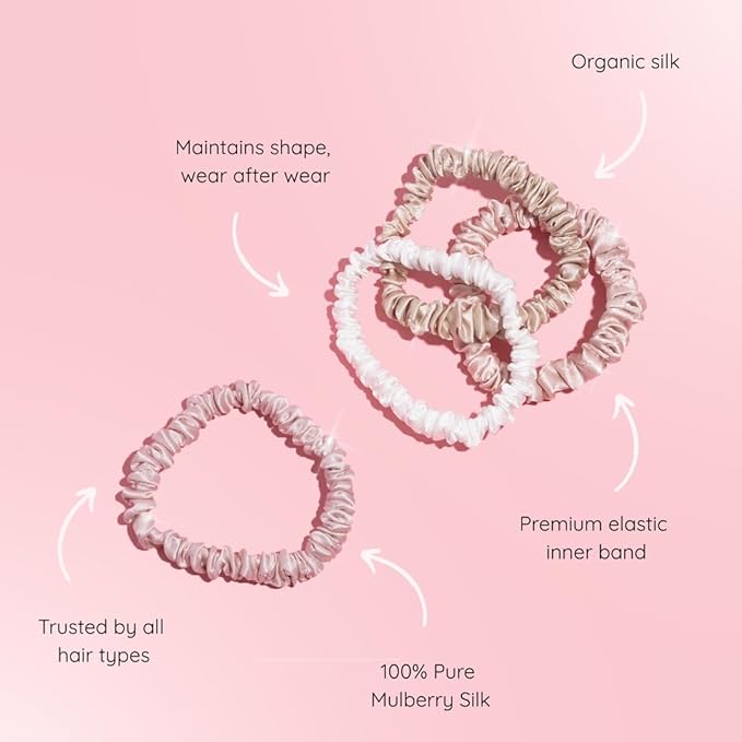 SILKIE x4 Set 100% Pure Mulberry Silk Pink Nude Neutral Skinny Scrunchies Travel Pouch Everyday Hair Ties Elastics Hair Care Ponytail Holder No Damage (Nudes)