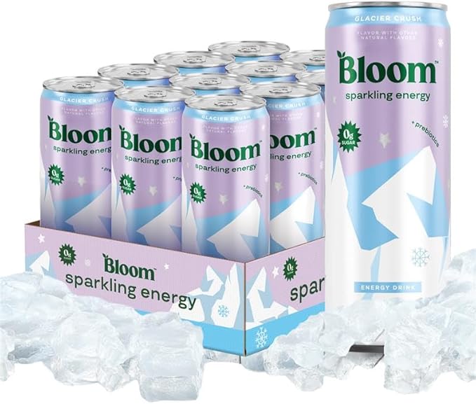 Bloom Nutrition Sparkling Energy Drink - Natural Caffeine, Zero Sugar, 180mg Caffeine - Antioxidant-Rich with Green Coffee Bean, Green Tea Extract, Prebiotics - Glacier Crush - 12oz 12 Pack