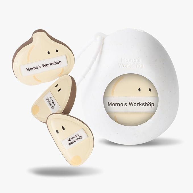 3-Pack Garlic Shape Makeup Puffs, High-Density Rubycell for Oil Control & Full Coverage, Firm PU Leather Backing for Flawless Cream Skin Finish, for Liquid & Cream Makeup & Storage Case