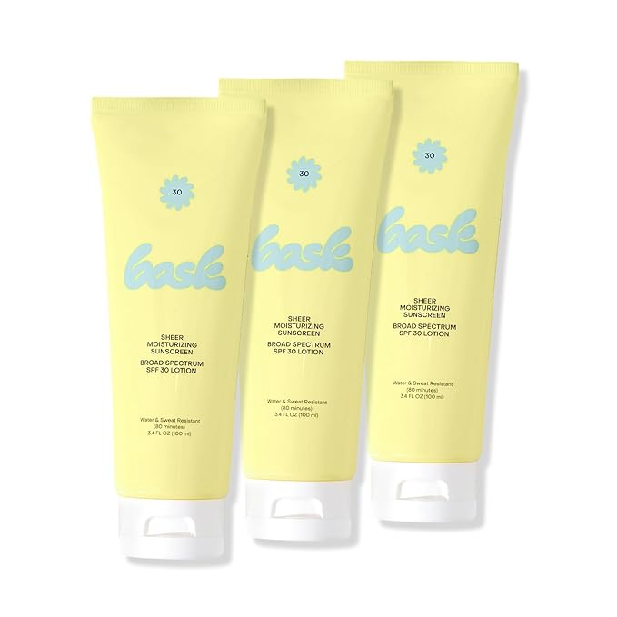 Bask Suncare SPF 30 Sheer Moisturizing Sunscreen Lotion - Broad Spectrum UVA/UVB Protection, Dermatologist Recommended, Hydrating, Lightweight & Non-Greasy, Travel Size (Value Pack of 3)