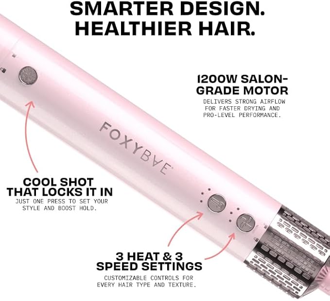 FoxyBae Super Styler Pro Interchangeable Hair Styler Wand Curling Iron Set - w/Drying Cylinder, Ceramic Blowout & Round Brushes, 2 Auto-Wrap Curlers - Frizz-Free, Smooth Hair (Blush)