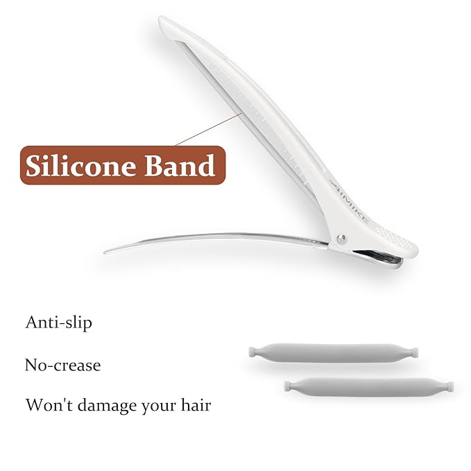 AIMIKE 6pcs Professional Hair Clips for Styling Sectioning, Non Slip No-Trace Duck Billed Hair Clips with Silicone Band, Salon and Home Hair Cutting Clips for Hairdresser, Women, Men - White 4.3” Long