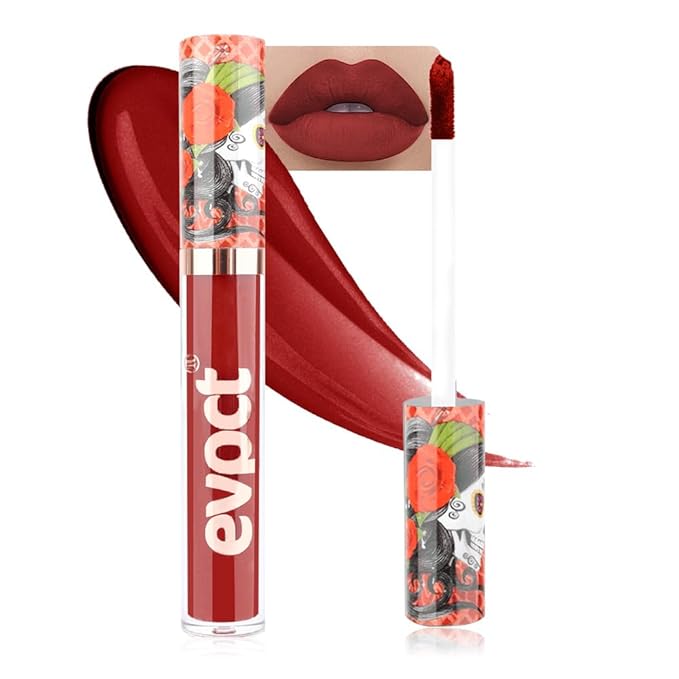 evpct 1Pcs Dark Red Matte Liquid Lipstick Lip Stain Sets for Women, Skull Face Deep Red Matte+Lipstick Long Lasting Permanent 24 hr Hours Magic Lipstick 24 Hours original Waterproof, 15#