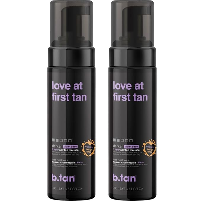 b.tan Violet Self Tanner Mousse Bundle | Love At First Tan - Best, 1 Hour Express Sunless Tanning Foam, Cancels Orange Tones, Dark Bronzing Glow, No Fake Tan Smell, Face & Body, 6.7 Fl Oz, Pack of 2