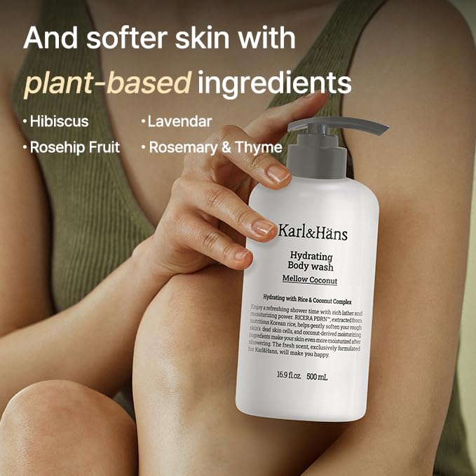 Karl&Hans Hydrating Body Wash – Refreshing Cleanser with Coconut-Derived Moisturizers, RICERA PDRN & Ceramide Complex, Pump Dispenser for Daily Ease (Mellow Coconut)