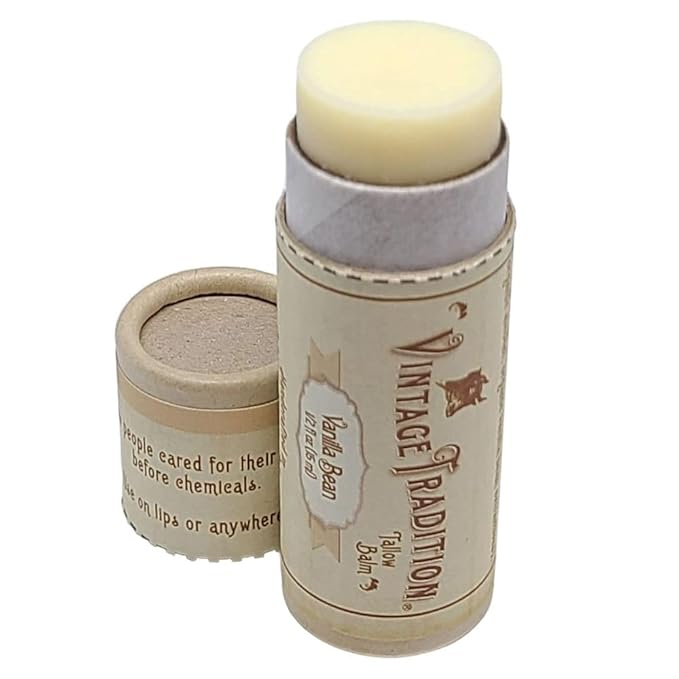 Vintage Tradition Moisturizing Beef Tallow Lip Balm – Tube Lip Moisturizer with Vanilla Extract Hydrates & Soothes Dry Lips – Grass-Fed Tallow Balm for Skin Care, 0.5 Fl. Oz.
