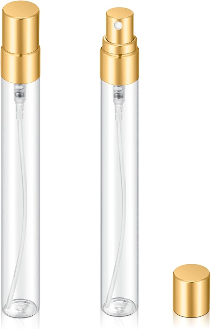 20Pcs 10ml Empty Clear Glass Mist Spray Bottle Refillable Mini Perfume Atomizer Travel Sample Bottle with Golden Aluminized Nozzle Makeup Container for Perfume (10ml Gold Caps)