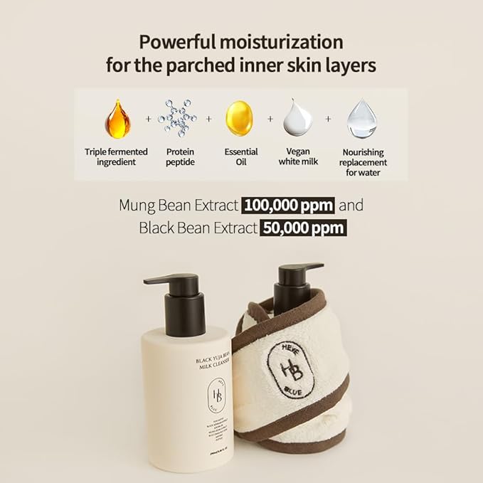 HEVEBLUE Black Yuja Bean Milk Cleanser - Sensitive Skin, Korean Skincare, Vegan, Hypoallergenic, Moisturizing, Hydrating, First Facial Cleansing, Cleansing Milk, K-Beauty, Gentle Face Wash