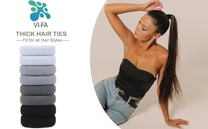 VI-FA Soft Pony Holders, Elastics Hair Bands for Thick or Curly Hair, Big Rubber Hair Bands for Women and Girls, Fancy Hair Ties,Hair Scrunchies 8pcs (Gray)