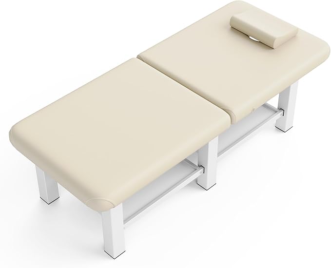 30.5'' Wide × 75'' Long Folding Stationary Massage Table with Backrest and Storage Space for Treatment Table Physical Therapy Table Spa Facial Bed, 6 Square legs, Metal Frame PU Leather - Beige Gray