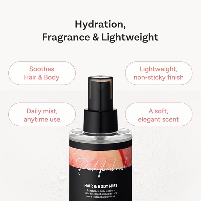 Perfumed Hair Mist for Women – Castor Oil for Shine & Long-Lasting Scent, Clean Hair Perfume & Body Mist – Botanical Waters & 17 Amino Acids, Sulfate, Paraben, Silicone-Free – Peach Floral Musk, 125ml
