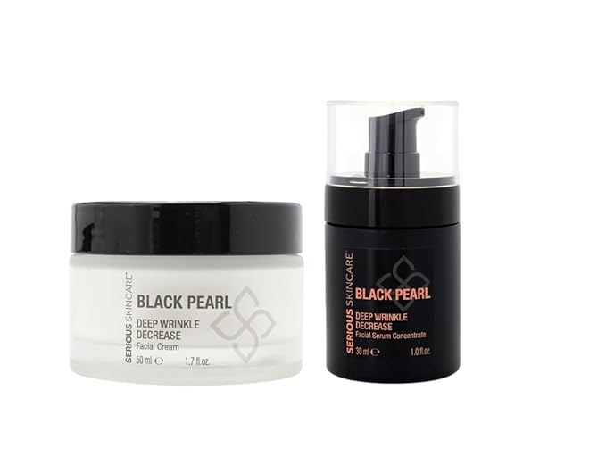Black Pearl Deep Wrinkle Decrease Face and Neck Skin Moisturizing Duo - Facial Cream 1.7 oz and Treatment Serum for Face 1 oz - Hydrate, Brightening, Long Term Repair