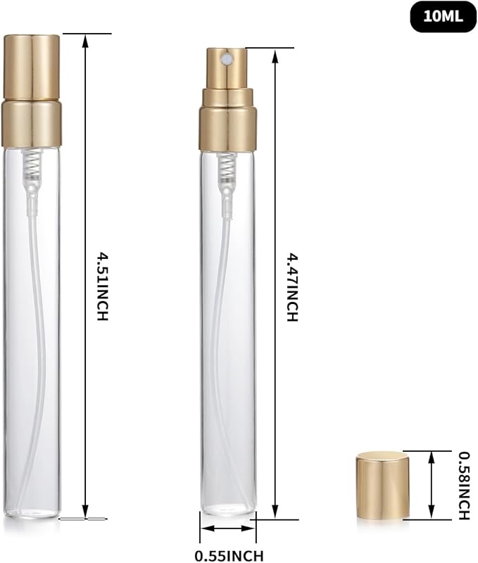 20Pcs 10ml Empty Clear Glass Mist Spray Bottle Refillable Mini Perfume Atomizer Travel Sample Bottle with Golden Aluminized Nozzle Makeup Container for Perfume (10ml Gold Caps)
