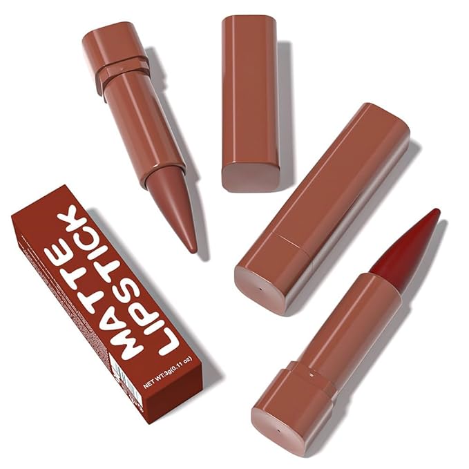 evpct 3Pcs Red Reddish Nude Brown Gradient Matte Lipstick Lip Liner Crayon Combo Pencil Set for Women Long Lasting Waterproof, Cream Lip Liner and Lipstick Combo Makeup，Flawless Gradual Ombre Effect
