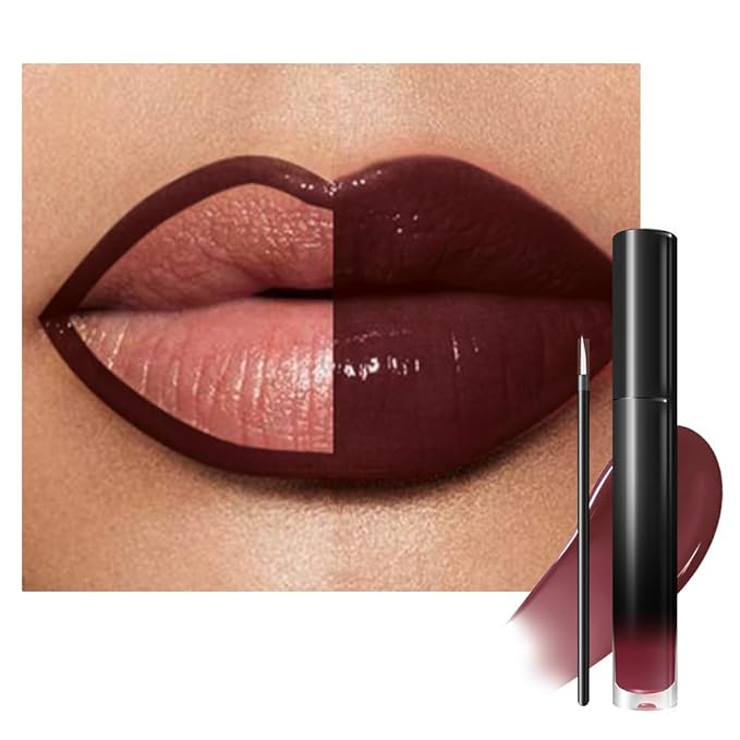 evpct Dark Brown Shiny Longwear No-Budge Liquid Lip Color Lipstick Makeup, Highly Pigmented Color Instant Shine, Waterproof Long Lasting Lipstick for Women, Lip Stain Gloss with Lip Liner Brush, 21#
