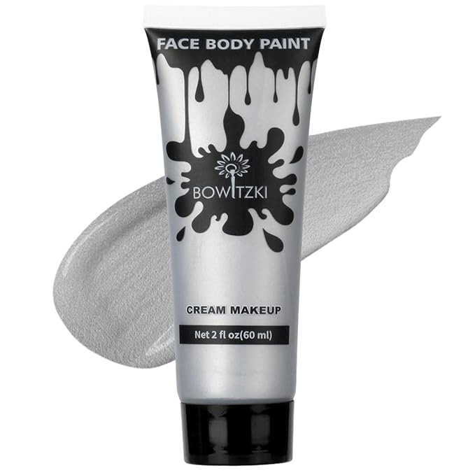 Bowitzki Face and Body Paint 2oz Cream Makeup 60ml Water Based Face Painting Special Effects For Adults Children Kids Halloween Christmas Party Stage Cosplay (Silver)