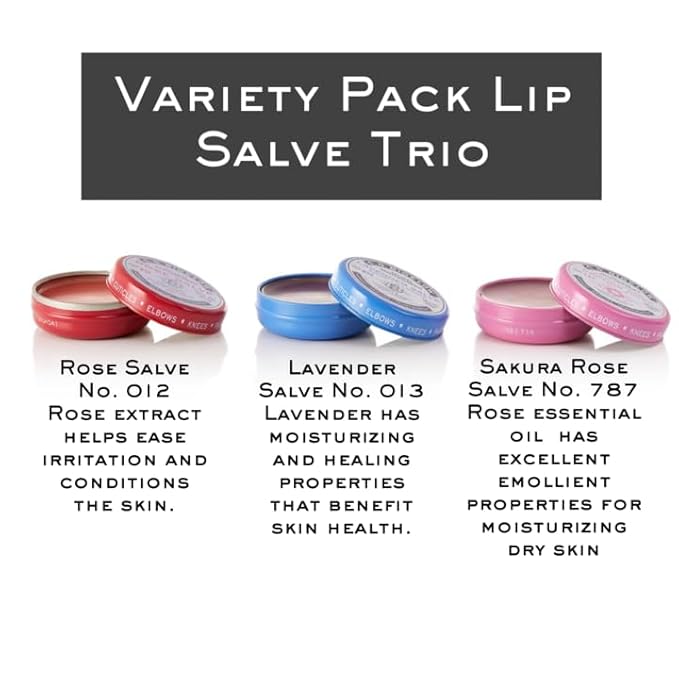 C.O. Bigelow Assorted Salve Tins, Pack of 3 Lip Balm Tins, Rose, Lavender, and Sakura Rose All Purpose Salve for Lips, Cuticles, Hands & Dry Skin, Lip Balm Set, 0.8 oz