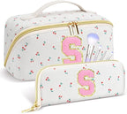 Personalized Travel Makeup Bag Set, Initial Cute Cherry Makeup Organizer Bag, Toiletry Skincare Cosmetic Bag, Valentine’s Day Gifts for Women/Girls, Open Flat Toiletry Pouch with Brush Pocket