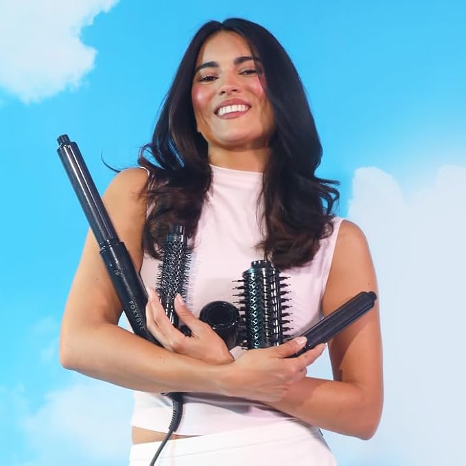 FoxyBae Super Styler Pro Interchangeable Hair Styler Wand Curling Iron Set - w/Drying Cylinder, Ceramic Blowout & Round Brushes, 2 Auto-Wrap Curlers - Frizz-Free, Smooth Hair (Black Rose-Gold)