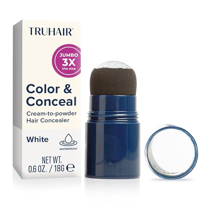 TRUHAIR Jumbo Color & Conceal Waterproof Root Touch Up Hair Color for Gray Hair Coverage - Instant Root Cover Up Hair Powder for Women & Men - Bald Spot Concealing, Hairline Filling (White)