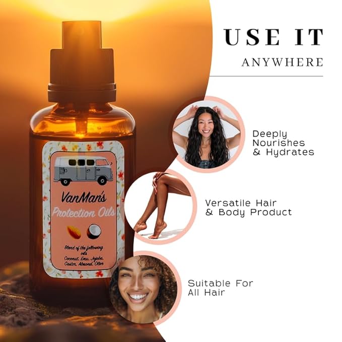 Vanman - Protection Oil Hair Serum For Hair Growth - Infused with Castor, Jojoba, Almond, Olive, Emu, Coconut Oil - Fragrance-Free Hair Growth Serum - Hair Serum For Dry Hair & Frizzy Hair - 1.1 Ounce